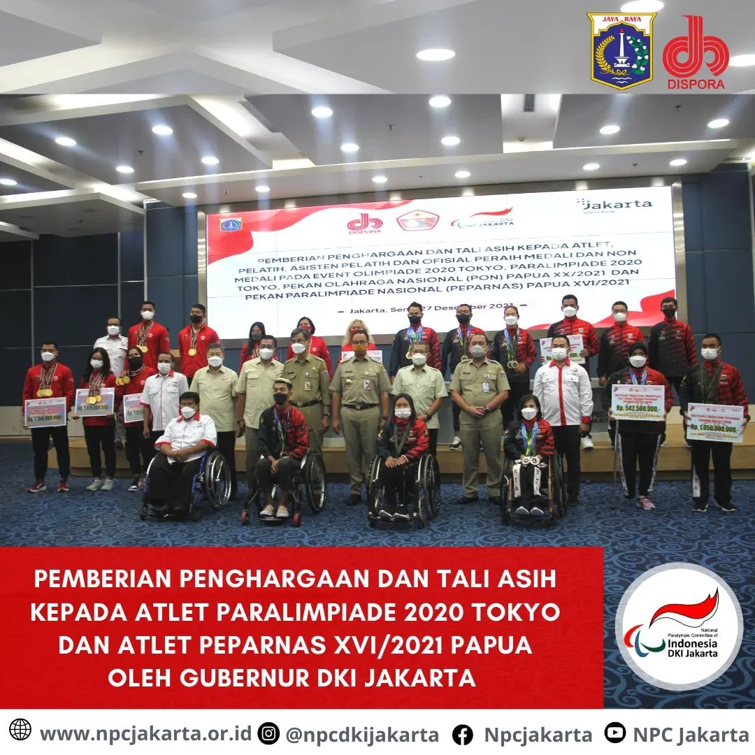 Pemberian Penghargaan dan Tali Asih kepada Atlet Paralimpiade 2020 Tokyo dan Atlet Peparnas XVI 2021 Papua Oleh Gubernur DKI Jakarta