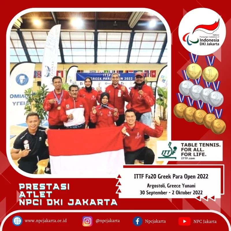 Tim Para Tenis Meja Indonesia berhasil meraih 3 Medali Emas, 6 Medali Perak dan 9 Medali Perunggu di Pro Tour Yunani bertajuk ITTF FA20 Greek Para Open 2022